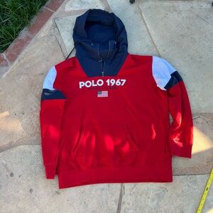 Polo Ralph Lauren Men's Red Multi Polo 1967 Fleece 1/4 Zip Pullover Hoodie